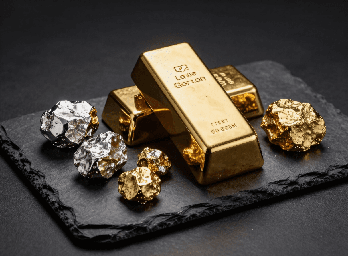 Gold and platinum ingots on dark slate
